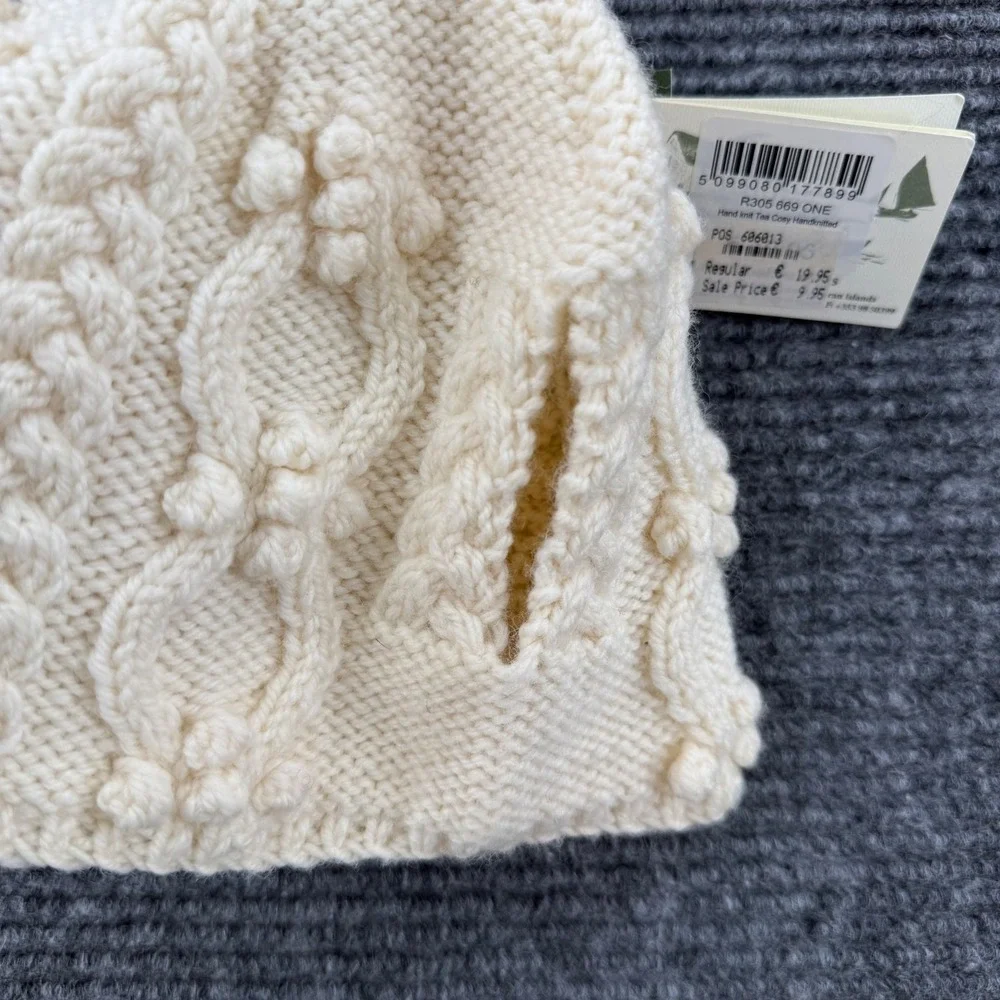 Aran Woollen Mills Handknit Tea Cosy Cream Cable Knit Pom Pom Wool